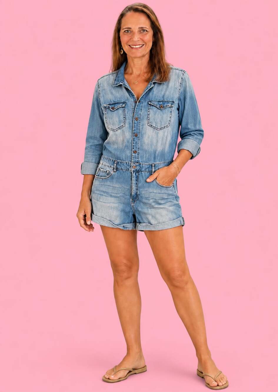 Forever 21 Premium Soft Denim Long Sleeve Romper Size M Light Wash